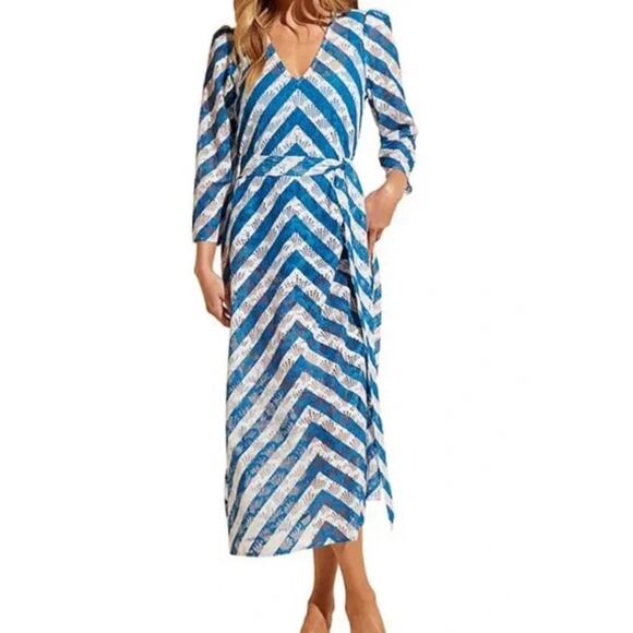 Stylest $298 Aqualace Caftan Cover-up Dress Saphire Chevron Lace Size L